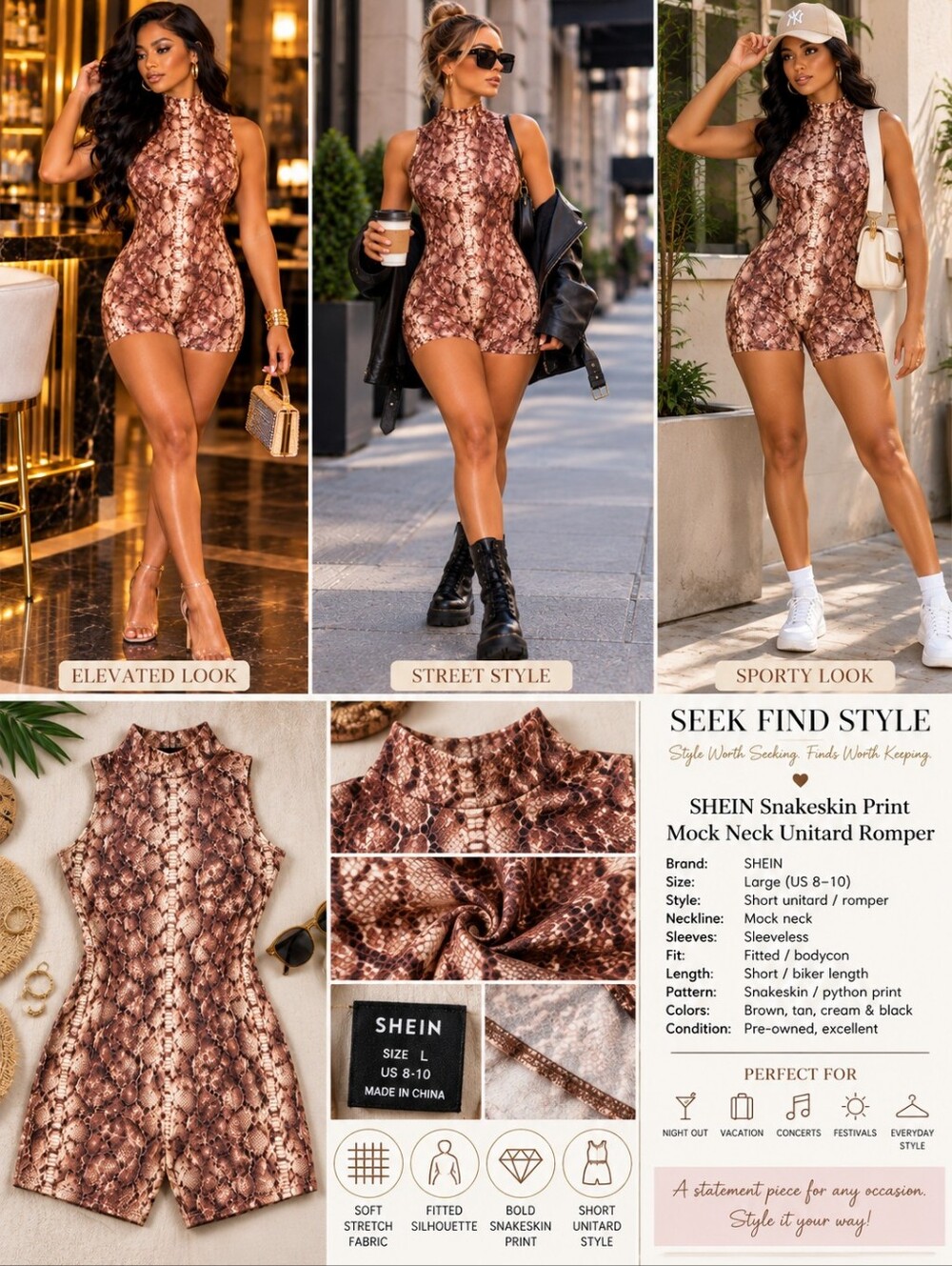 SHEIN Brown Snake-Print Mock Neck Romper Size L